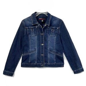 KIKIT Women’s Vintage Dark Wash Blue Button Front Denim Jacket / Medium